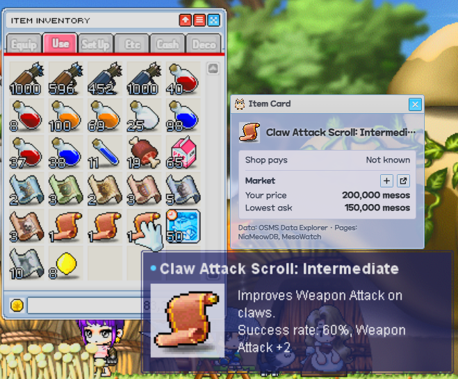 The Item Card for Claw Attack Scroll: Intermediate over the inventory, with the game's tooltip for the scroll under it. The card heads with the scroll's picture beside its name and says Shop pays Not known; under Market, with its buttons to add a line and to open MesoWatch, two lines: Your price 200,000 mesos and Lowest ask 150,000 mesos.