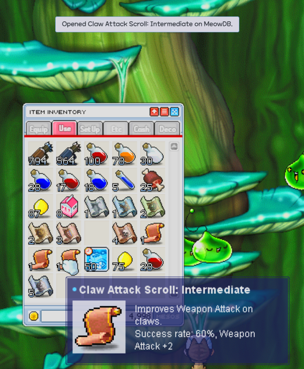 A Claw Attack Scroll: Intermediate's tooltip in the inventory, and the alert above it: Opened Claw Attack Scroll: Intermediate on MeowDB.