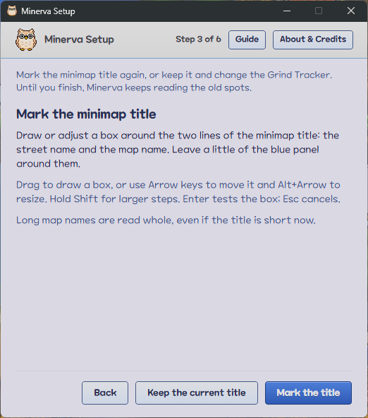 Setup reopened from Help & Setup, at its step for marking the minimap title again: draw or adjust a box around its two lines, with Back, Keep the current title and Mark the title.